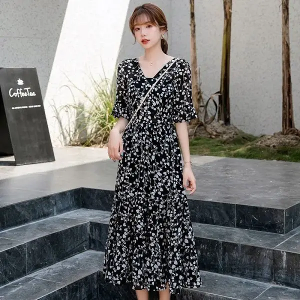 

Summer Print Chic French Women Beach High Dress Party Chiffon Dresses Retro Long Vintage Bohemian Clothing