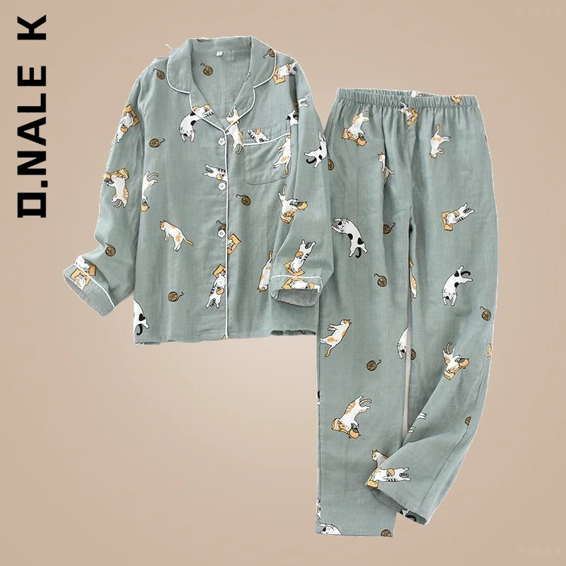 

D.Nale K Cotton Cartoon Ladies Pajamas Set Cat Printed Pyjamas Women 2Pcs Turn-down Neck Shirt+Pants Comfort Nature Sleepwear