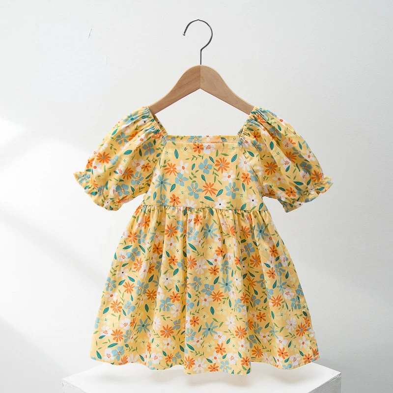 

Yellow Flower Print Cotton Puff Sleeve Girl Dress 2022 Summer Casual Boho Beach Holiday Kids Dresses for Girls