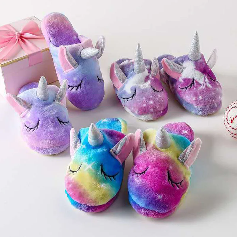 

Детские тапочки для девочек и мальчиков, милые пушистые зимние детские плюшевые тапочки с единорогом, пушистая домашняя детская обувь на пл...
