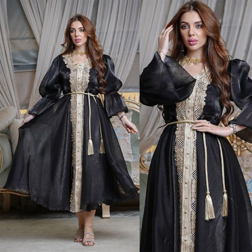 Women Spring Summer Muslim Fashion Middle Eastern Turkey Seasonal Tempest Evening Dress Lantern Sleeve Belted Gown Ramadan
