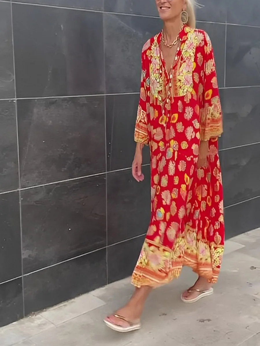 

LEOSOXS Long Sleeves Floral Printed V-Neck Maxi Dresses