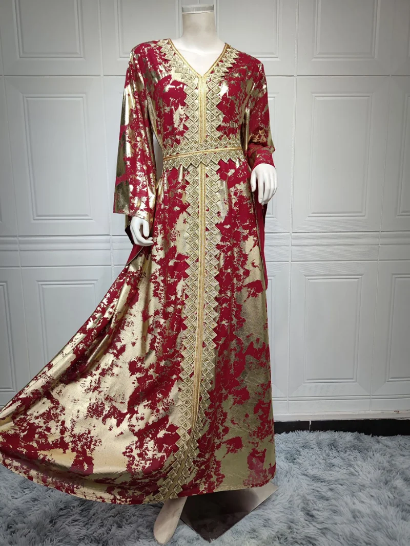Ramadan Kaftan Moroccan Caftan Woman Bat Sleeve Paint Splash Print Chiffon V-Neck Lace Tape Belted Dress Abayas Gowns Dubai