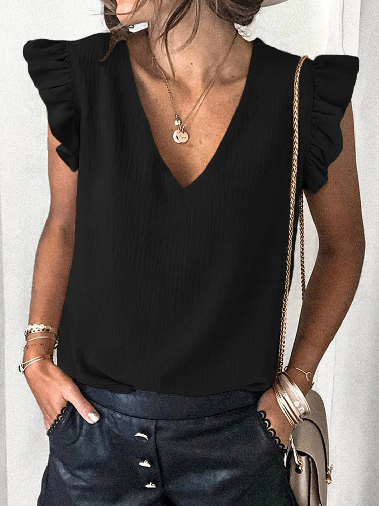 

Fashion Solid High Street Clothing Summer Flying Sleeve Tops Women Blouses Spring Elegant V-Neck Commuter Office Pullover Top