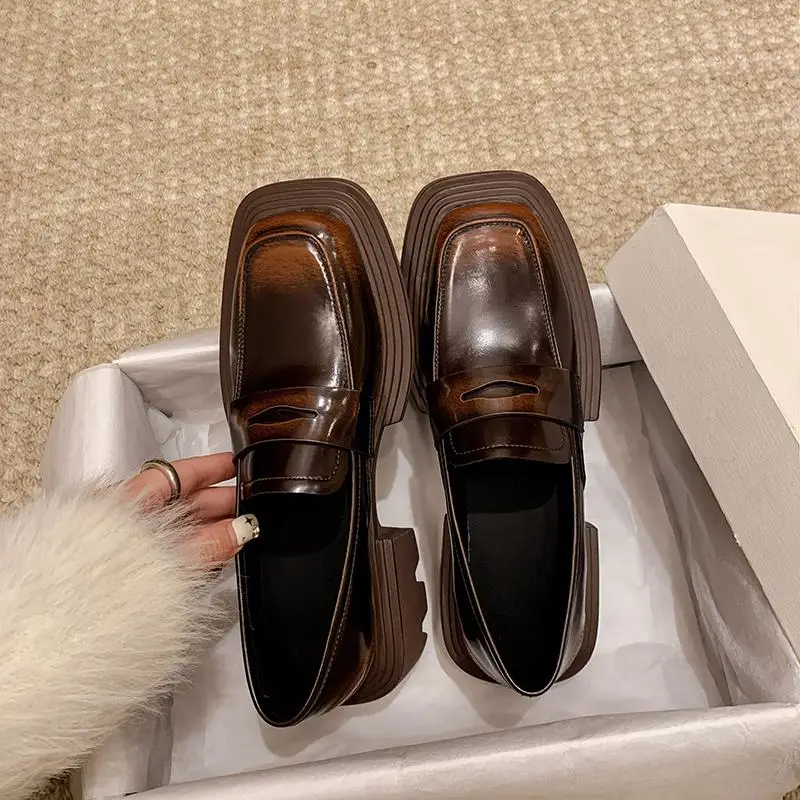 Lanxuryee 2025 Осенняя обувь из коровьей кожи Нескользящие ретро на платформе среднем