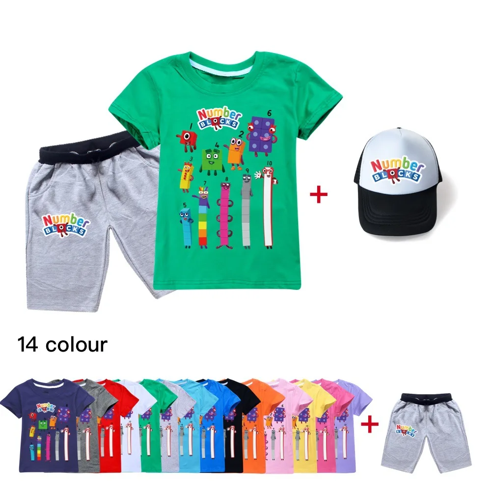 Kids Clothes Set Short Sleeve T Shirts Number Blocks T-shirt Children's Clothing Boys Tshirt+short Pant+Hat 3Pcs Teen Girls Tops