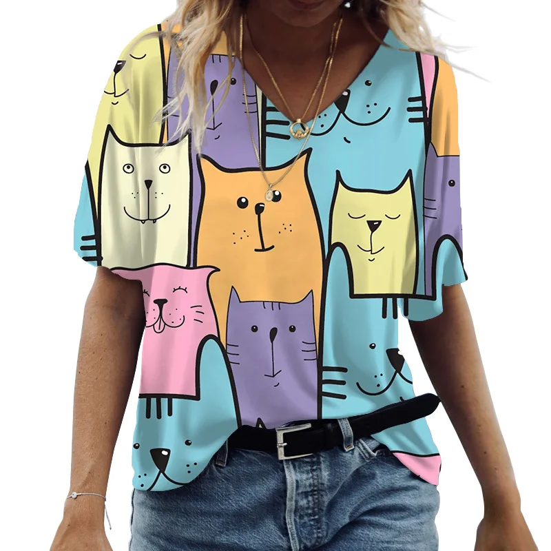 

Anime cat print t shirt women 2023 fashion harajuku clothing v-neck oversized short sleeve t feamle casual streetwear blouse