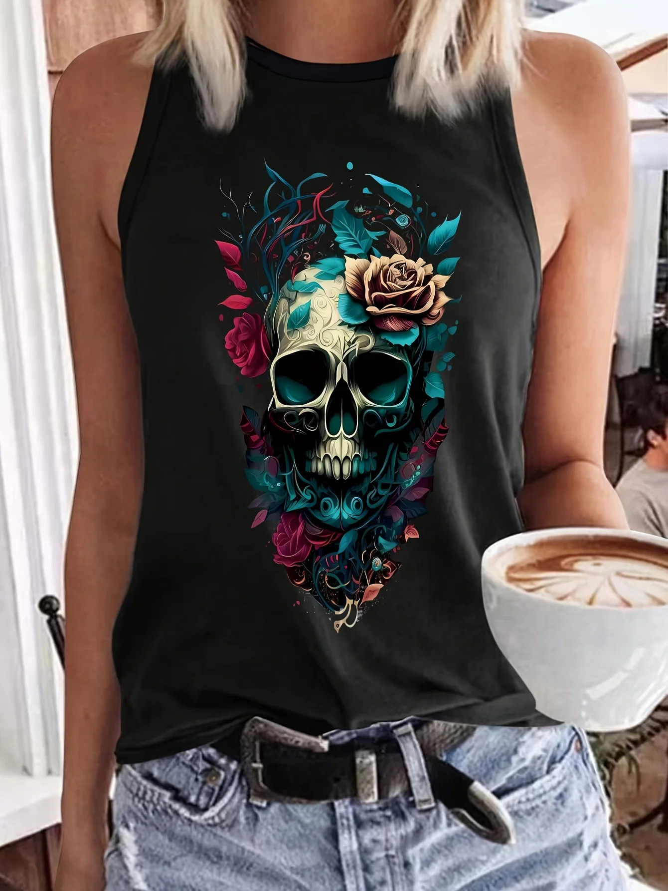 Топ женский с принтом без рукавов большие размеры