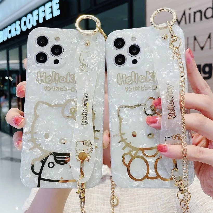 

Gold Hello Kitty with Wrist Stand Phone Cases For iPhone 14 13 12 11 Pro Max XR XS MAX 8 X 7 SE 2020 Back Cover