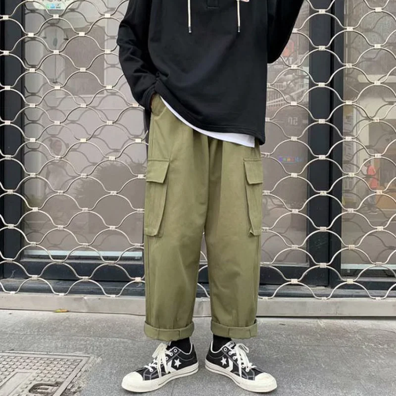 

E BOY Cargo Pants Men Wide Leg Multi-pockets Oversized Loose Straight Trousers BF Retro Japanese Fashion Cozy Pantalones Male