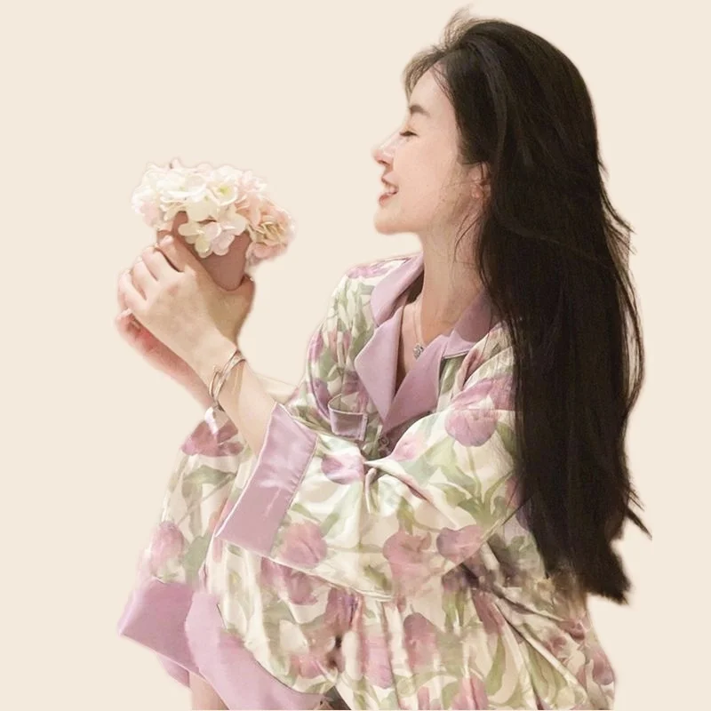 Purple kawaii Pajamas For Women Rayon Pajama Pants Sexy Tulip Flower Nighty Clothes T-Shirt Long Pants  Homewear Cozy Big Size