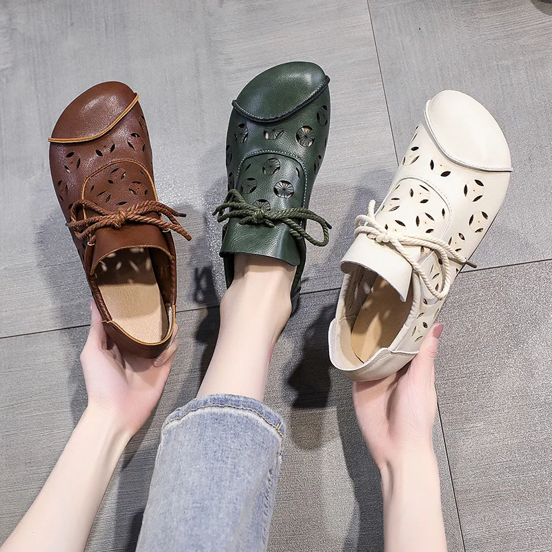 

New Flat-heeled Soft-soled Shoes Comfortable Leather Handmade Shoes Female Wind Tunnel Hollow Sandals Women Casual Flats Shoes