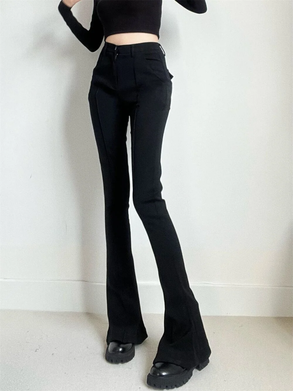 

TVVOVVIN супер модельные штаны, черные легкие расклешенные брюки, повседневные высокоэластичные брюки с утиными ногами, тонкие эластичные расклешенные брюки IB36