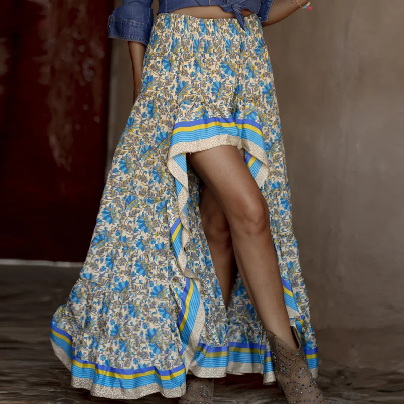 

Women Ethnic Floral Print Bohemian Skirt High Elastic Waist Irregular Maxi Beach Boho Skirts Femme