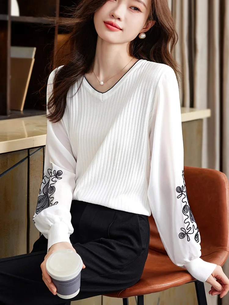 Женский трикотажный свитер с V-образным вырезом и длинным рукавом-фонариком