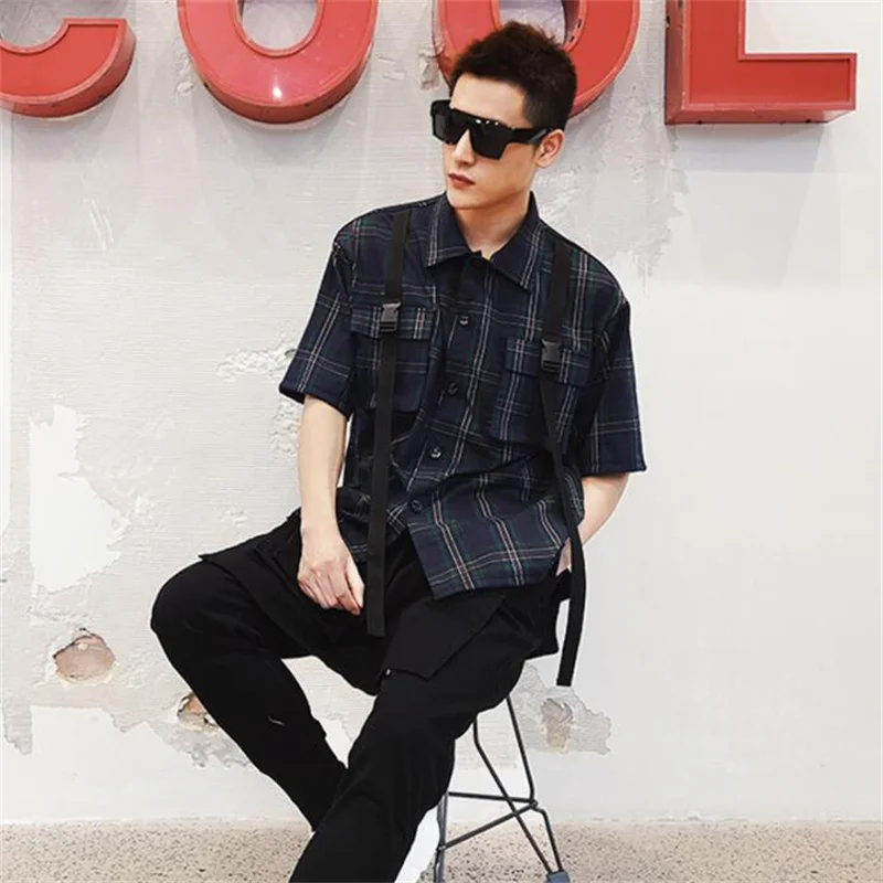 Man shirt men singer personality Loose tooling shirts Hip hop lattice short sleeve shirt men stage homme summer b674