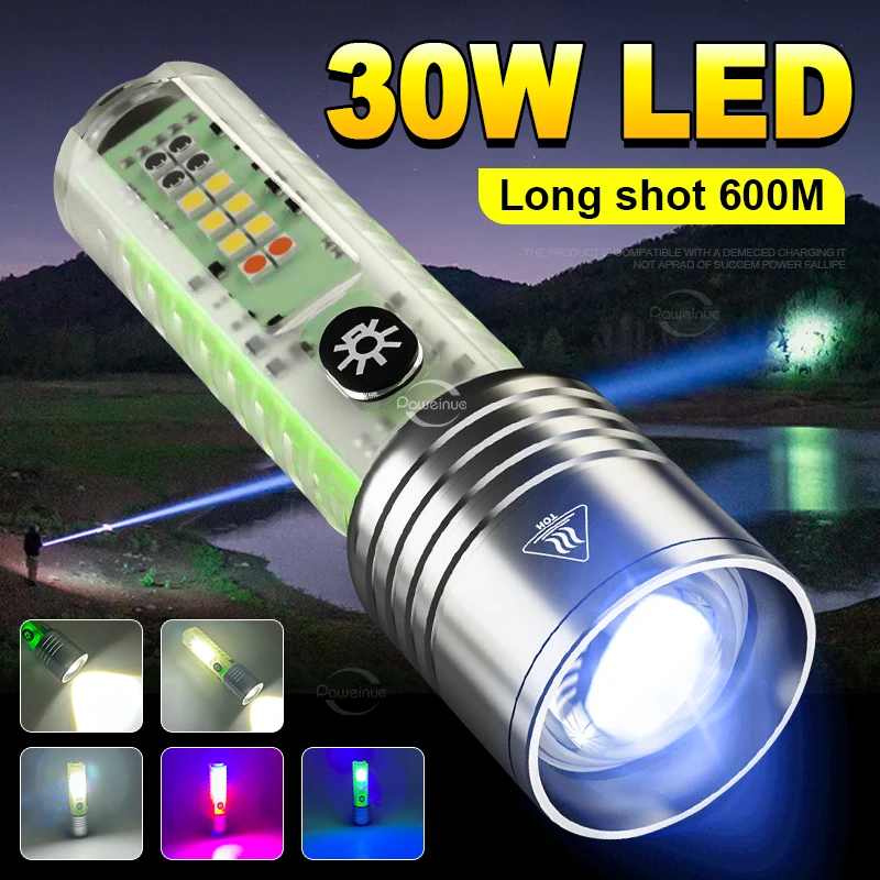 

8 Modes LED Flashlight USB Rechargeable Multifunction Waterproof Fluorescence Pocket Torch Lamp With Multicolor Side Lights