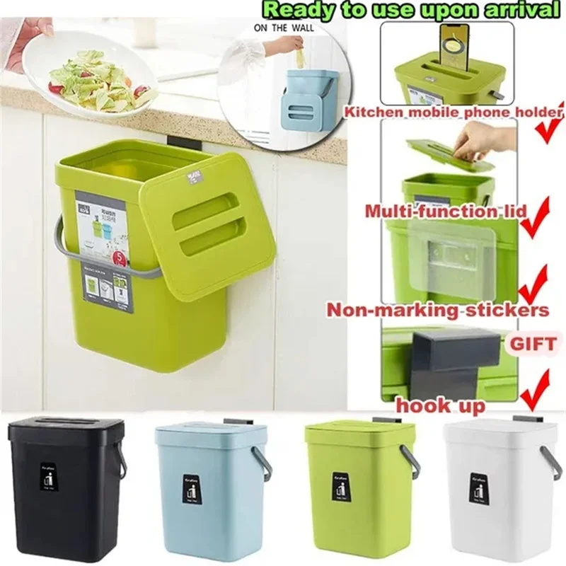 4 Colors Hanging Trash Can with Lid Under Sink for Kitchen Food Waste Bin Compost Bin Wall Mounted Storage Bucket Garbage Bin