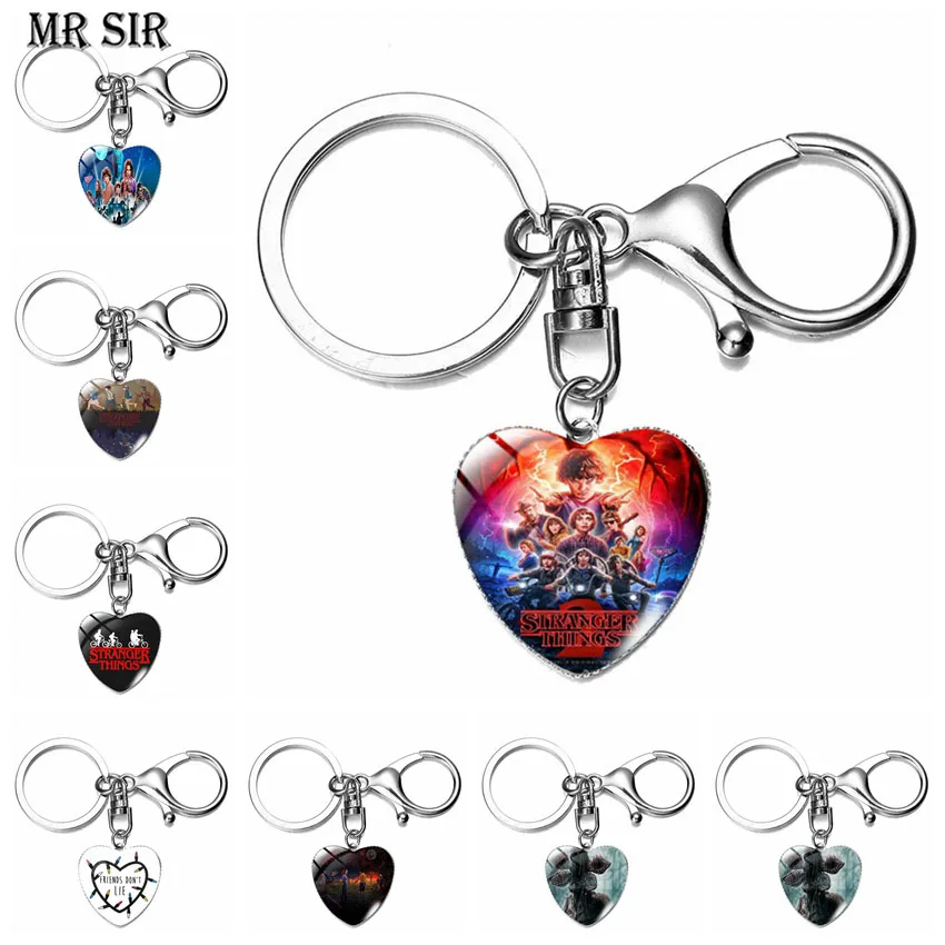 

Hot American TV Series Hellfire Club Heart Keychain Joyce Byers Mike Wheeler Figuers Glass Pendants Lobster Clasp Hooks Keyring