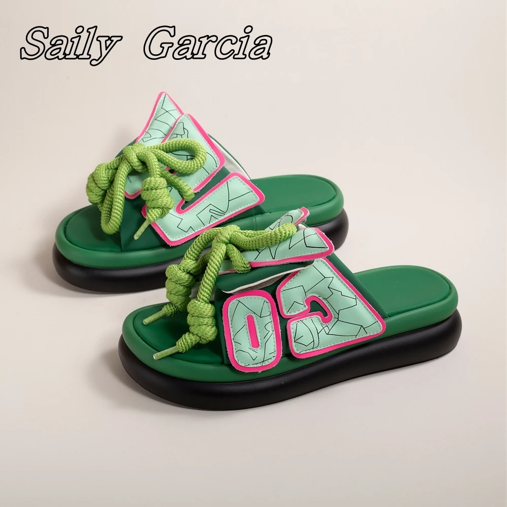 Шлепанцы женские из натуральной кожи на толстой подошве шнуровка круглый носок