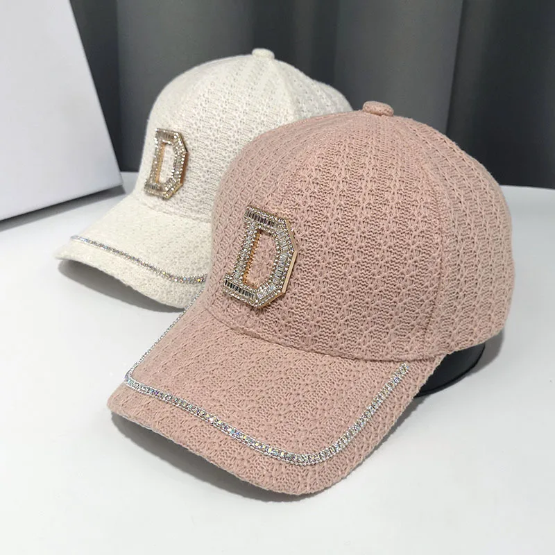 

2022 New Shiny Rhinestone Letter D Baseball Caps Women Breathable Knitted Adjustable Hip Hop Cap Outdoor Travel All-match Caps