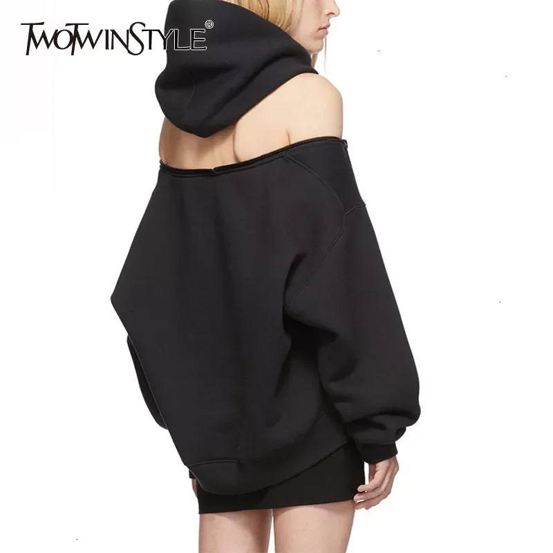 

TWOTWINSTYLE Casual Women's Sweatshirts Hooded Long Sleeve Backless Off Shoulder Hoodies For Female 2020 Autumn Fashion Clot