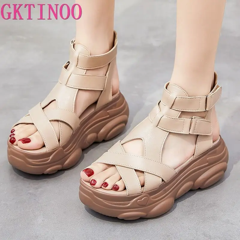 

GKTINOO 2023 Fish Mouth High Quality Soft Genuine Leather Summer Roman Shoes Women Sandals Platform Heighten Shoe Wedges Sandals