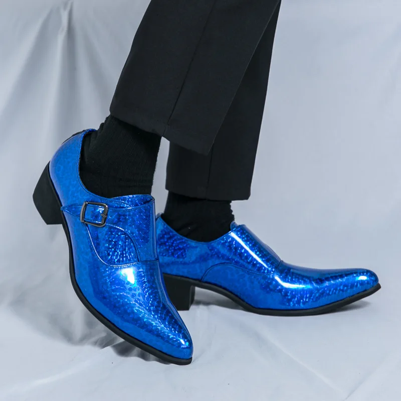 Синие яркие мужские модельные туфли Кожаные на высоком каблуке с острым носком