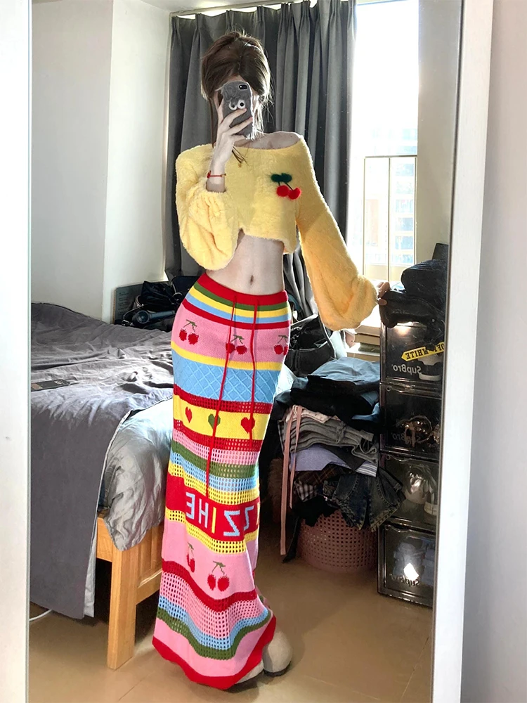 Plus Size Autumn and Winter Color Dopamine Knitted Slimming Tender Yellow off-Shoulder Pullover Sweater High Waist Hollow Ski...