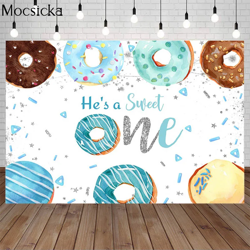 

Donut Theme Birthday Party Backdrops Sweet One Boys Birthday Background Cake Table Decorations Supplies Blue Donut Photo Shoot