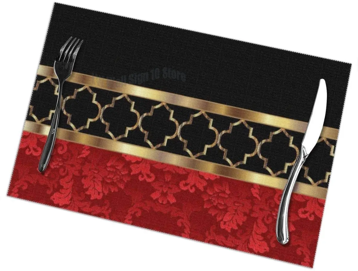 

Elegant Red Black Gold Quatrefoil Table Mats Placemats Countertop Protection for Kitchen Dining Table Heat Resistant Baking Mat