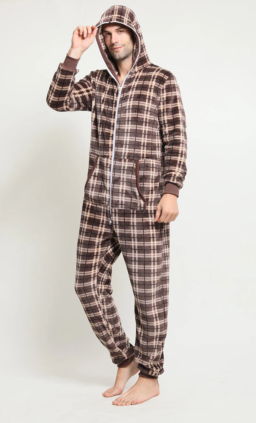 2022 Sleepwear for Men Pajamas Hoodies Robe Flannel Plaid One Piece Full Zipper Mens Onesie Long-sleeved Plaid Pijamas Hombre