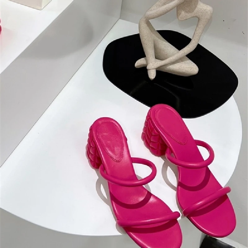 

Women's High Heel 5.5cm Elegant Style Solid color Sandals - Genuine Leather Open Toe pumps Slides Mixed Sheepskin Design