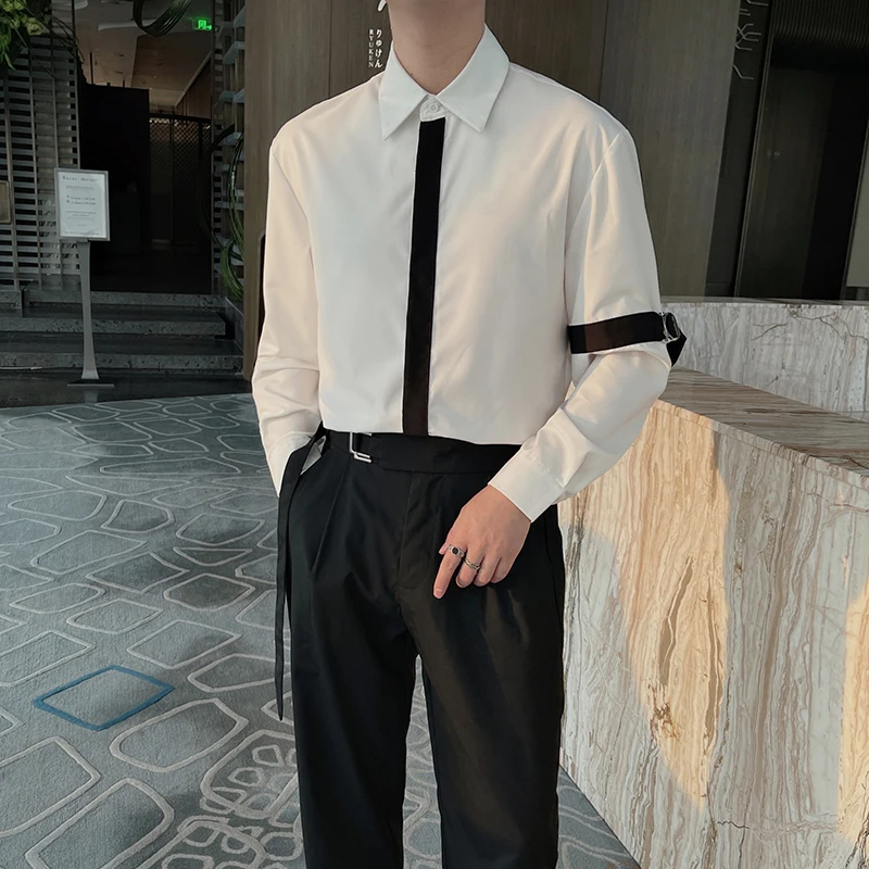2022 Contrasting Splicing Shirts for Men Long Sleeve Loose Casual Shirts Streetwear Nightclub Social Tuxedo Blouse Men Clothing