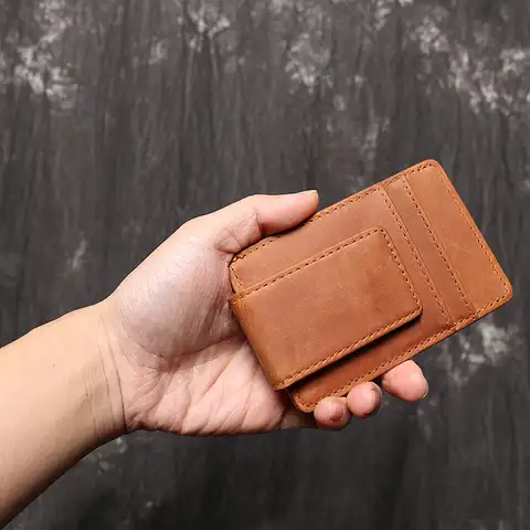 Crazy Horse Leather Women Men Credit Card Holder Small Wallet Front Pocket Magnetic Money Clip Fashion Vintage Coin Pouch