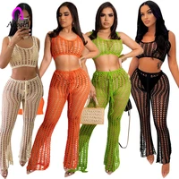 fishnet knitted women cover ups solid sleeveless crop tank top hollow out wide leg pants 2022 summer holiday beach bathing suit