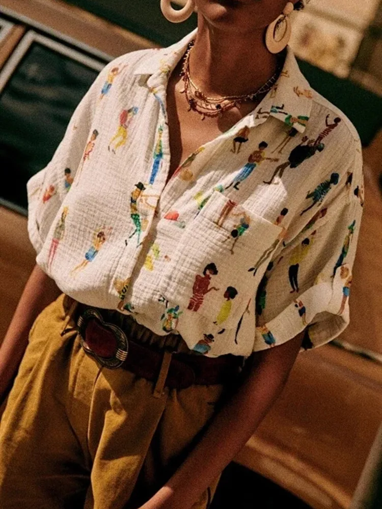 

Women Dancing People Print Casual Shirt 2022 New Short Sleeve Female Single Breasted Loose Blouse with Pocket