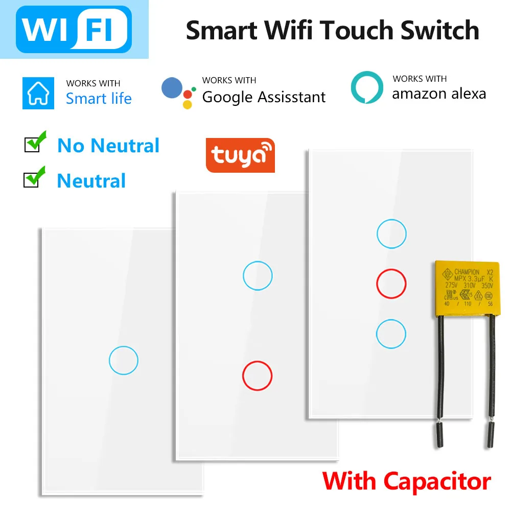 Wifi Smart Light Switch 1/2/3 Gang Touch Panel Voice Control with/Without Neutral Universal Wall Switch  Tuya Alexa Google Home