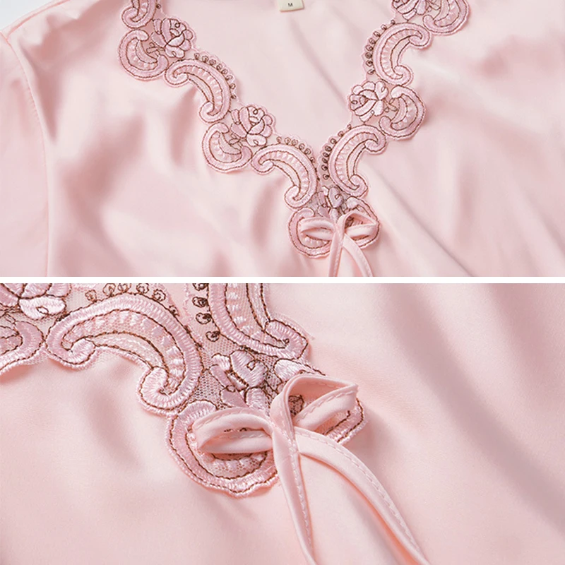 Silk Women's Pajama Set 2 Pieces Lace V Neck Solid Summer Spring Ladies Satin Sleepwear Long Sleeve Pyjama Suit For Female