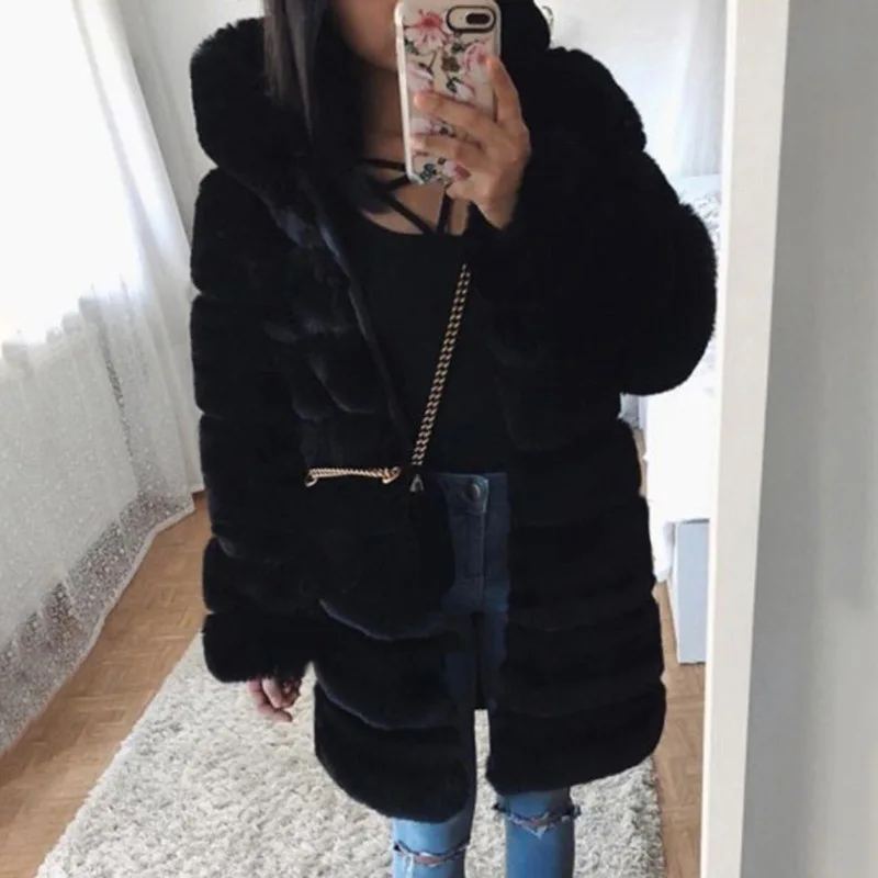 Women's Leather Fur Coat Mid-Length Autumn and Winter Hooded Imitation Fur Coat Top Women's Plush Warm Jacket Faux Fur Coat