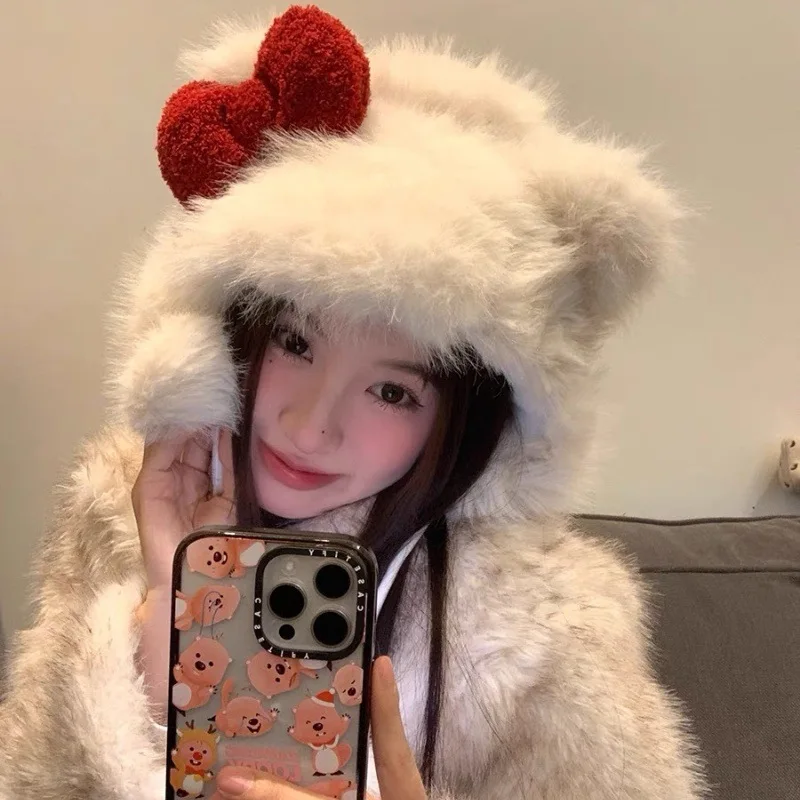 Новая шапка с кошачьими ушками для холодной погоды плюшевая бантом девочек