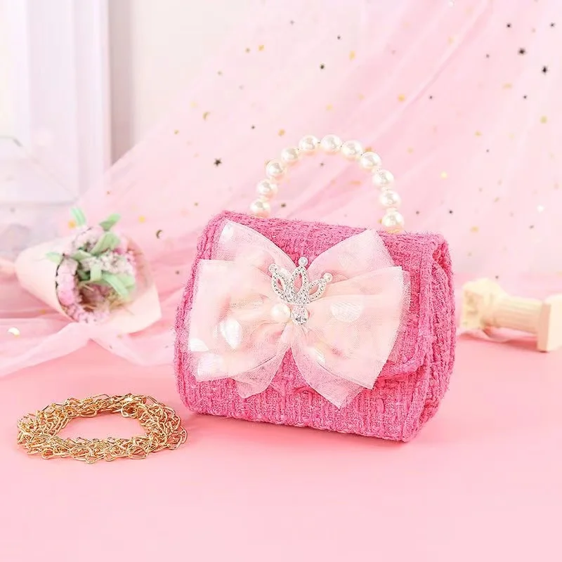Lovely Pearl Handle White Little Hand Bag Cute Gift Blue Shoulder Bags Pink Bowknot Children Mini Handbags Purses for Kids Girls