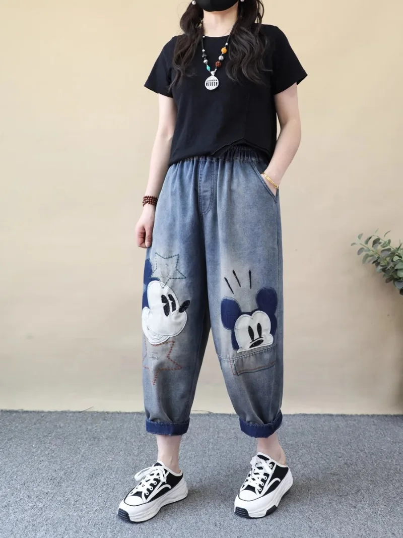 Женские рваные джинсы с вышивкой в стиле ретро