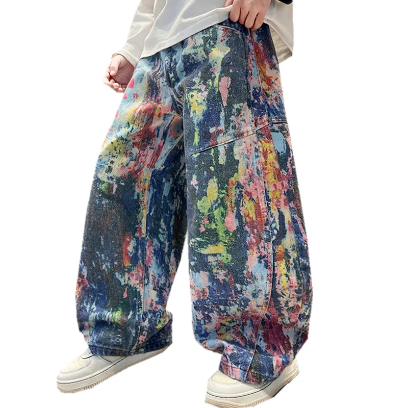 Moda dziecięca Malowanie workowate dżinsy dla chłopców Modne uliczne graffiti Spodnie dżinsowe Dziecięce nastolatki Szerokie spodnie dżinsowe z nadrukiem olejnym