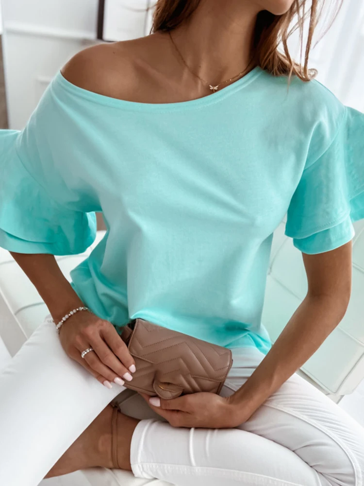 

Женская Повседневная офисная блузка с круглым вырезом, элегантный однотонный Свободный пуловер с оборками, топы, летние модные рубашки с ко...