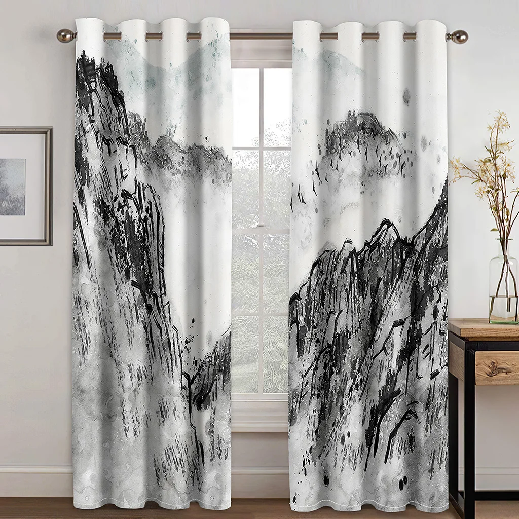 

3D Traditional Chinese Ink Blackout Curtain Kit, Suitable for Home Curtains In The Living Room and Bedroom of Landscape Painting