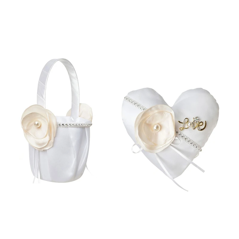 

69HB Wedding Flower Girl Basket Heart Shape Ring Bearer Pillow Pearl Collection