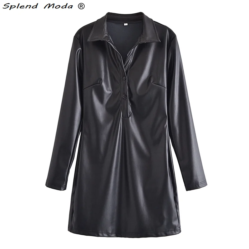 

Женское платье-мини из ПУ кожи, с длинным рукавом