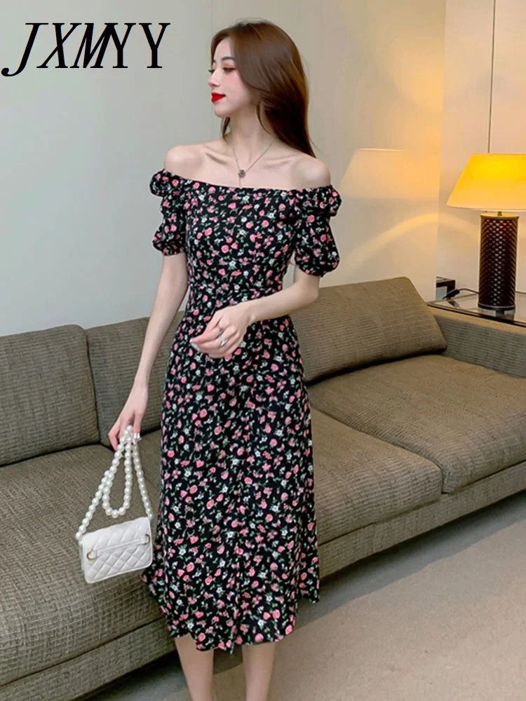 

JXMYY Gentle Wind Lady Floral Dress Long Summer 2022 New Fashion Elegant Temperament Puff Sleeve Design Waist Slim Long Skirt