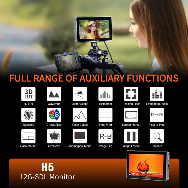 Фото FEELWORLD 5,5-дюймовый полевой монитор для камеры H5 12G SDI HDMI 2.0 с сенсорным экраном, высокой яркостью 1200 нит, разрешением 1920x1080 пикселей и отображением формы сигнала №5